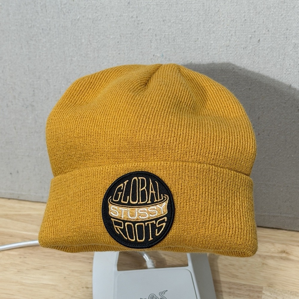 Stüssy Palmer Patch Beanie Mustard Yellow NWT Global Roots Streetwear Deadstock